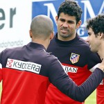 Miranda, Tiago y Diego Costa en un entrenamiento. Atlético de Madrid.